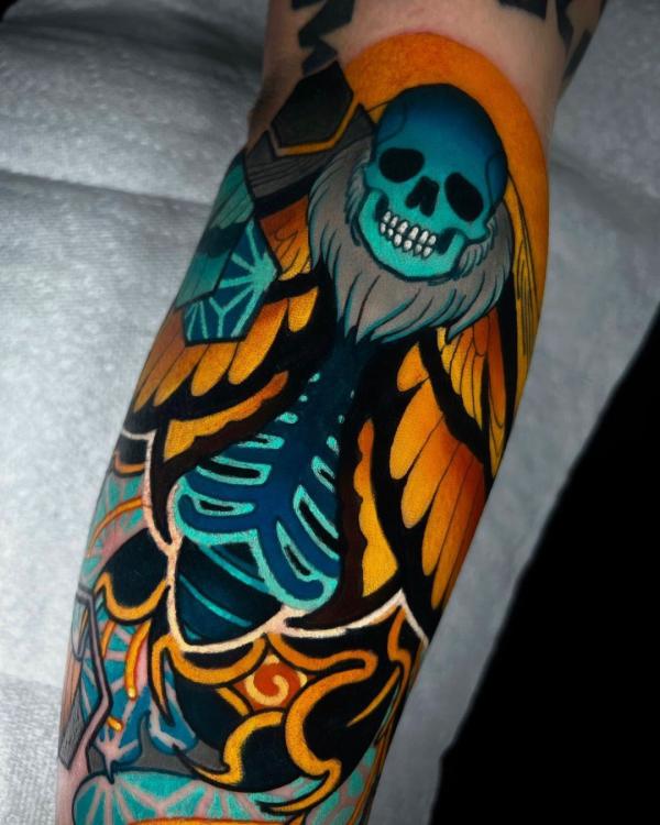 Neo traditional skeleton moth tattoo