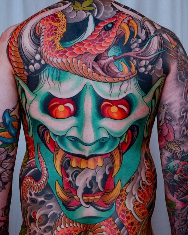 Oni mask with snake tattoo
