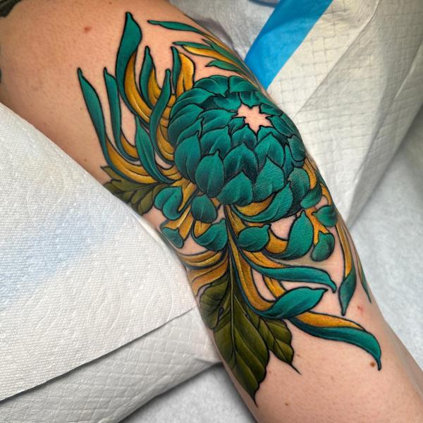 Pine green Chrysanthemum flower tattoo