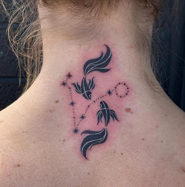 Pisces fish and constellation neck tattoo