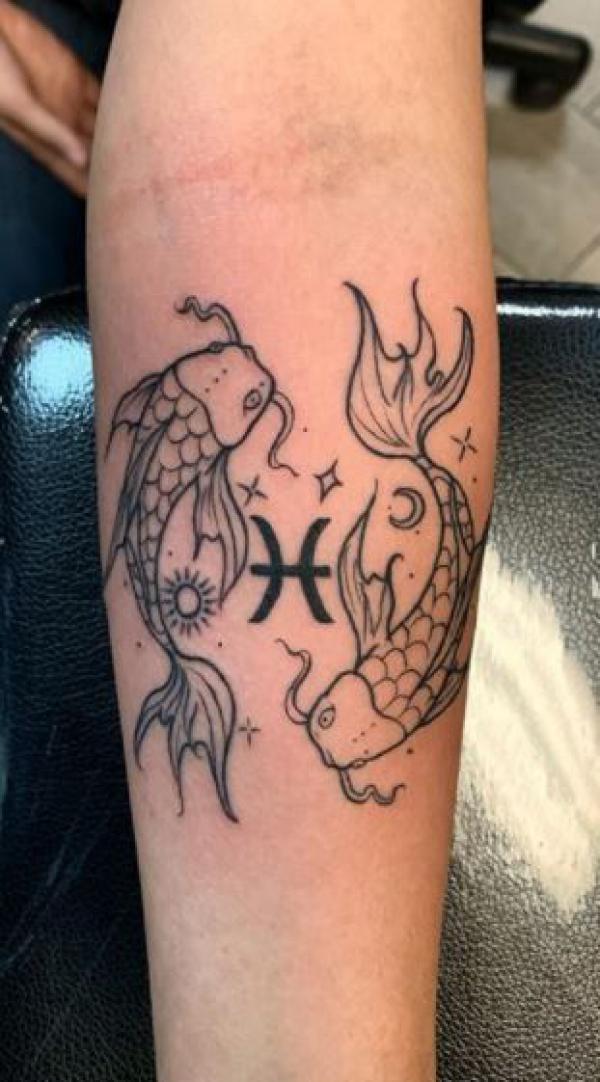 Pisces glyph and fish inner forearm tattoo