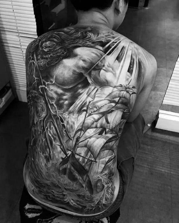 Poseidon and boat full back tattoo