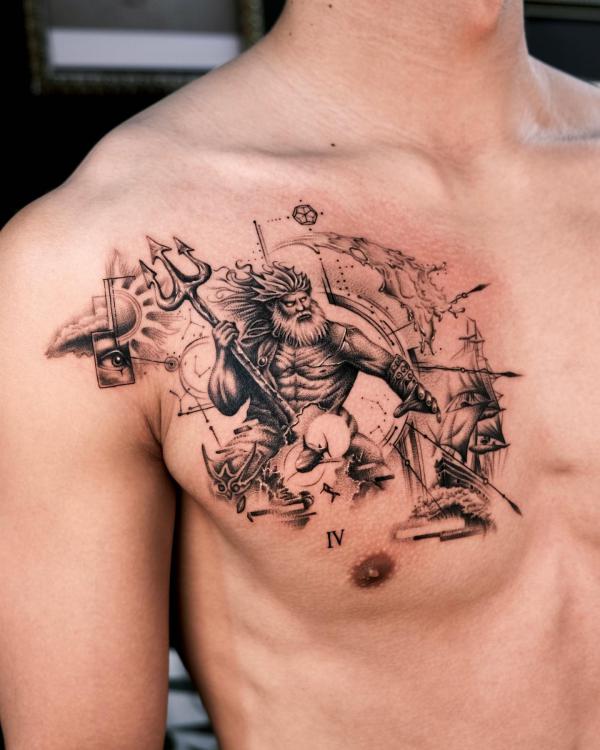 Poseidon chest tattoo