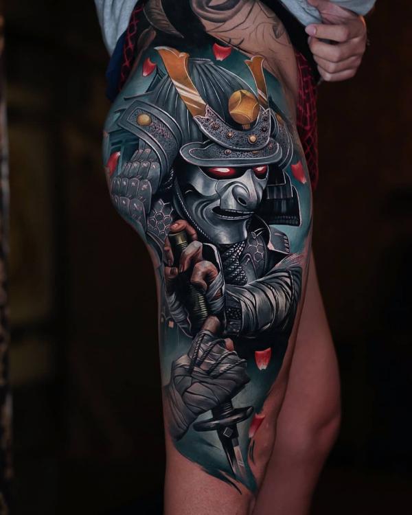 Realistic oni samurai thigh tattoo