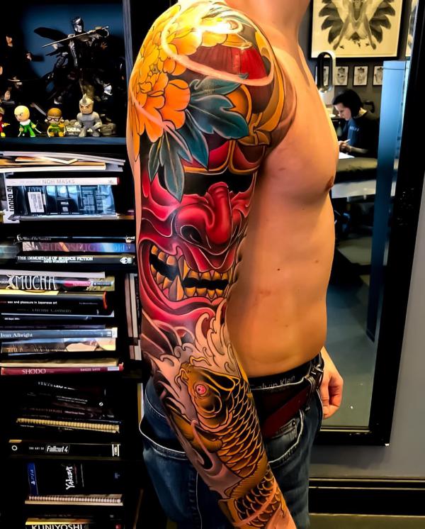 Red Oni and koi fish