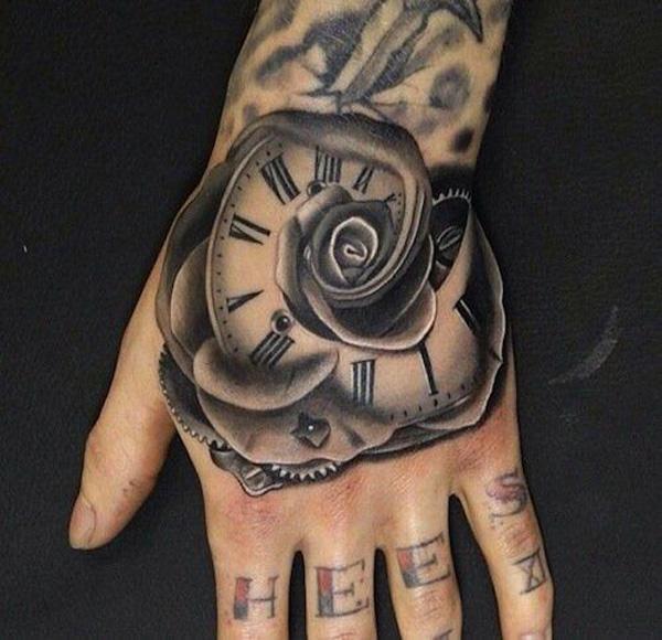 Rose Clock tattoo on hand
