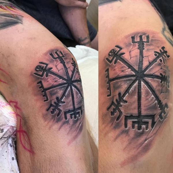 Rune compass knee tattoo