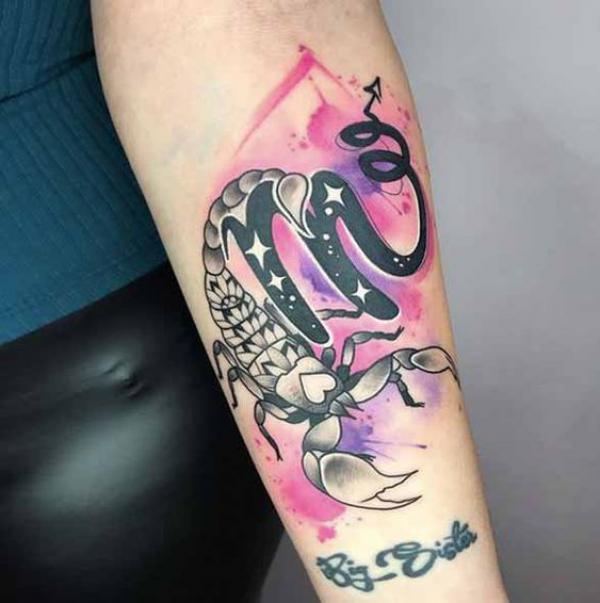 Scorpion and scorpio glyph forearm tattoo