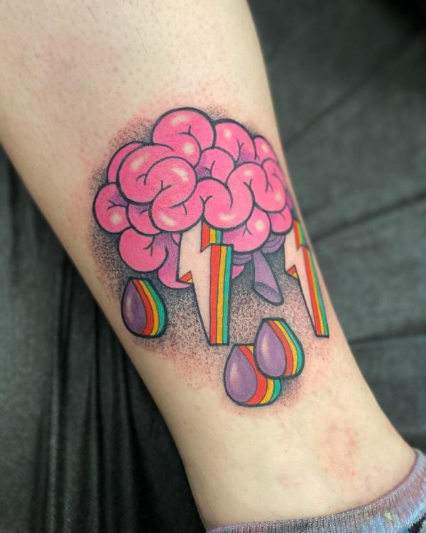 Stylized cloud with lightning bolt and rain