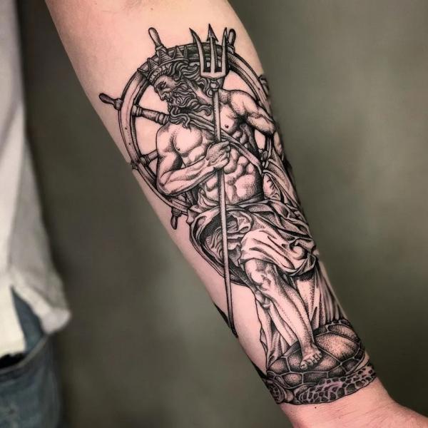 Traditional Poseidon tattoo black and grey