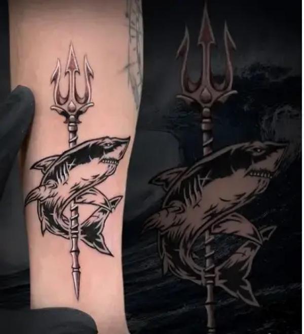 Trident and shark tattoo