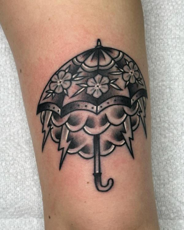 Umbrella above clouds and lightning bolt