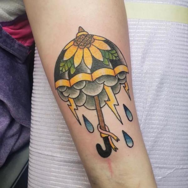 Umbrella with cloud rain and lightning bolt