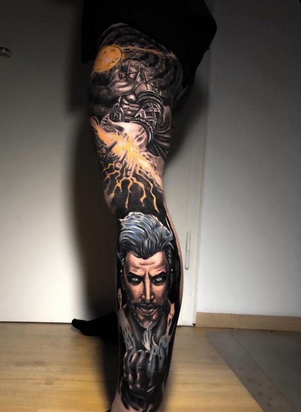 Zeus and Hades leg tattoo