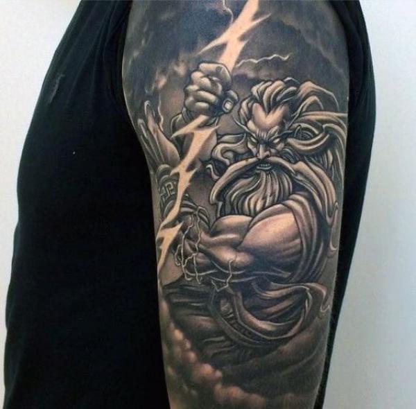 A realistic tattoo sleeve of Zeus and water in amazing detail with elements  of geometry in black and grey