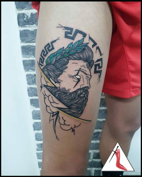 Zeus with Greek key and lightning bolt