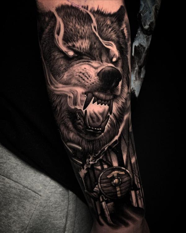 spirit:odin-fighting-wolf-color-tattoo-norse-mythology-color