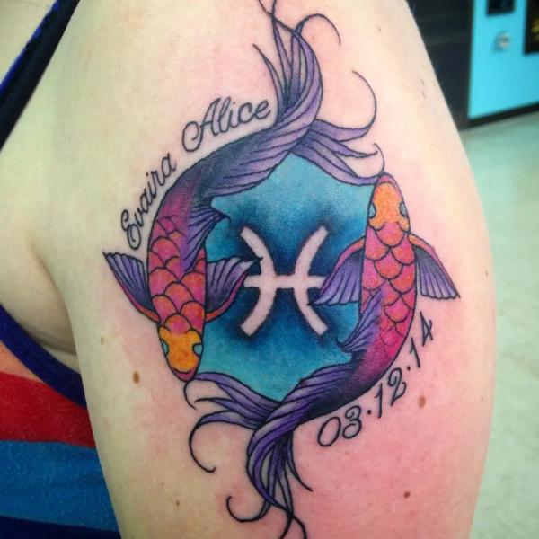 pisces tattoo with name and date