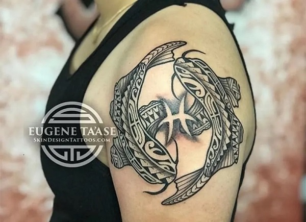 tribal shark pisces shoulder tattoo