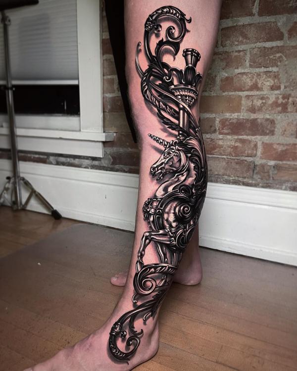 3D unicorn metal ornamental effect leg tattoo