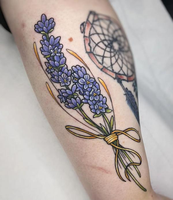 Bouquet of thistle, lavender, and gypsophilia tattoo by Zaya Hastra -  Tattoogrid.net