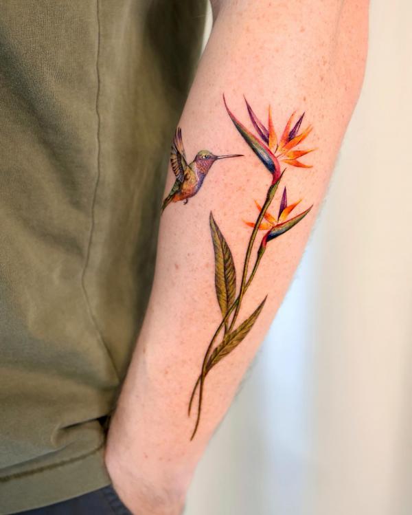 A hummingbird fluttering around bird of paradise tattoo