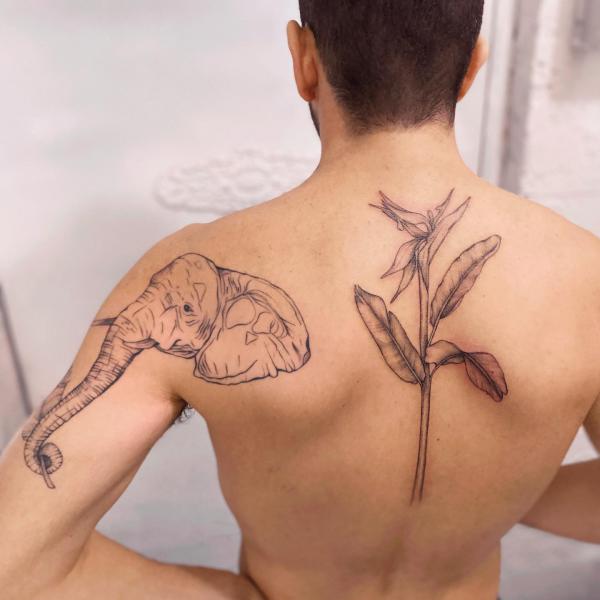 Bird of paradise and elephant tattoo