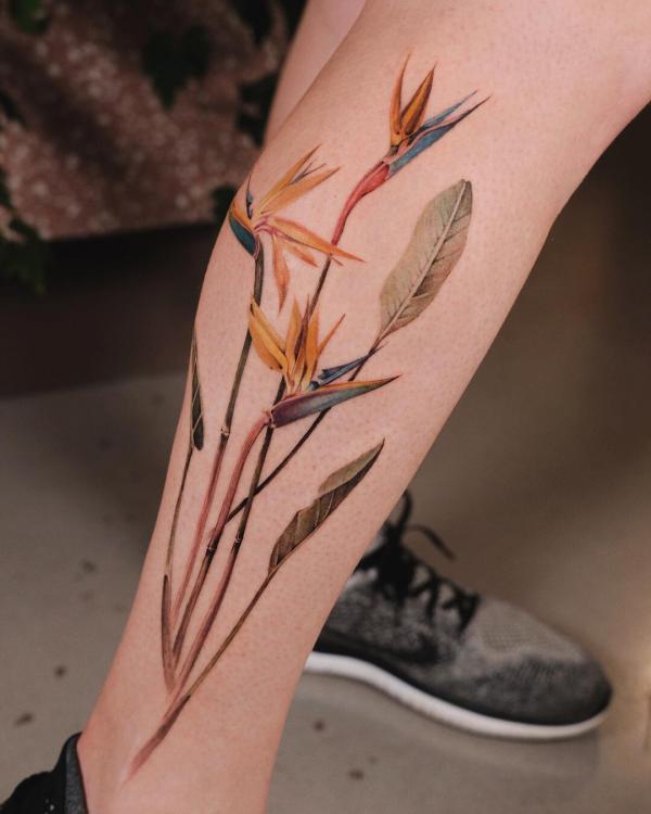 Bird of paradise calf tattoo