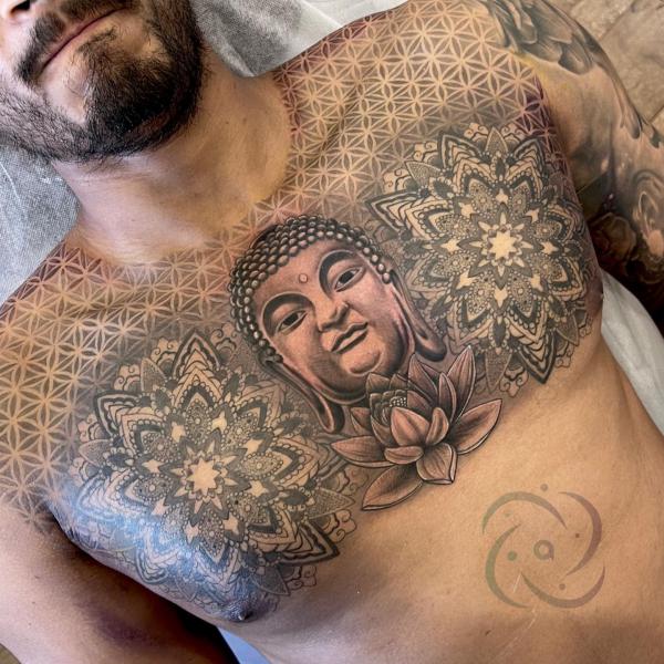 Buddha surrounded with mandala lotus and flower of life