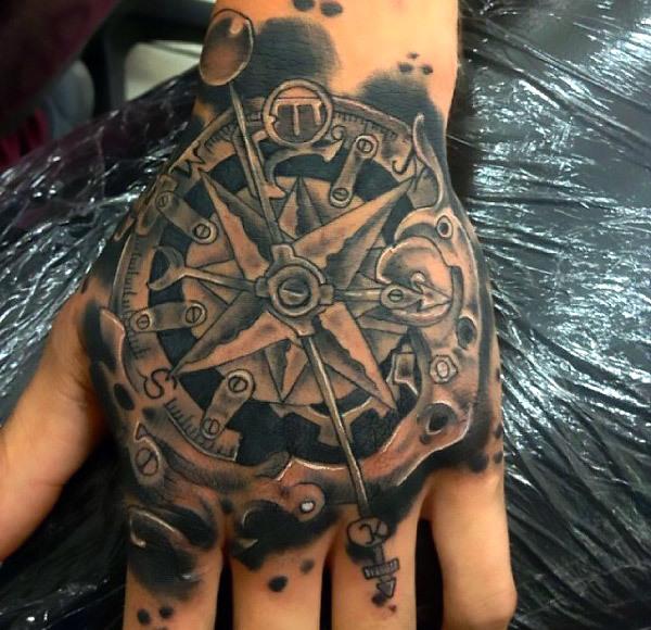 Compass mechanical hand tattoo
