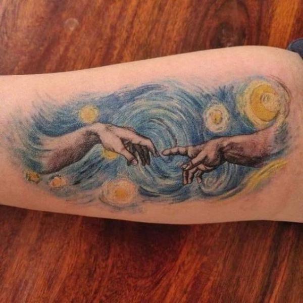 Creation of Adam on the background of Starry night
