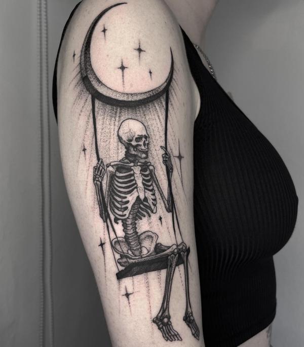 Crescent moon and skeleton