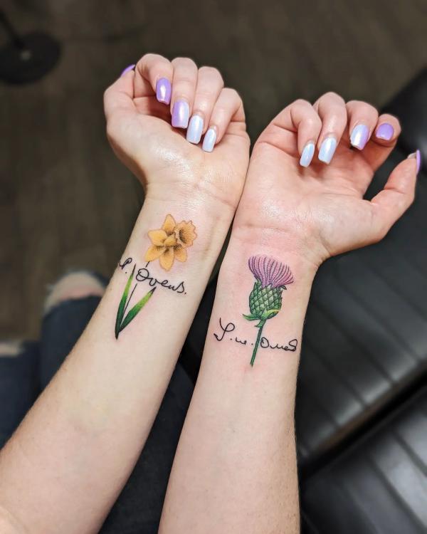 Daffodil and thistle flower matching tattoo with name