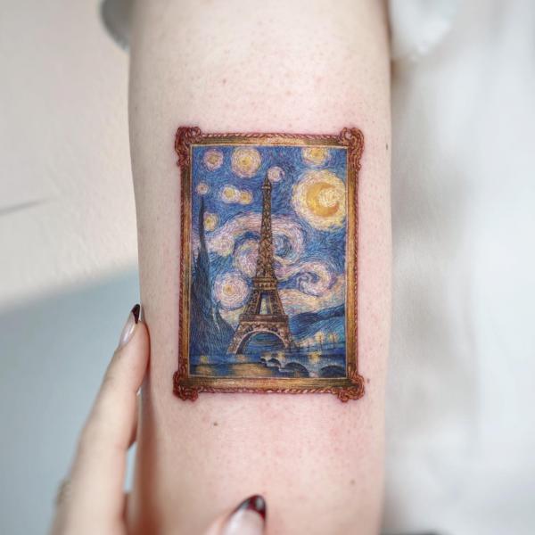 Eiffel Tower in Starry night stamp tattoo