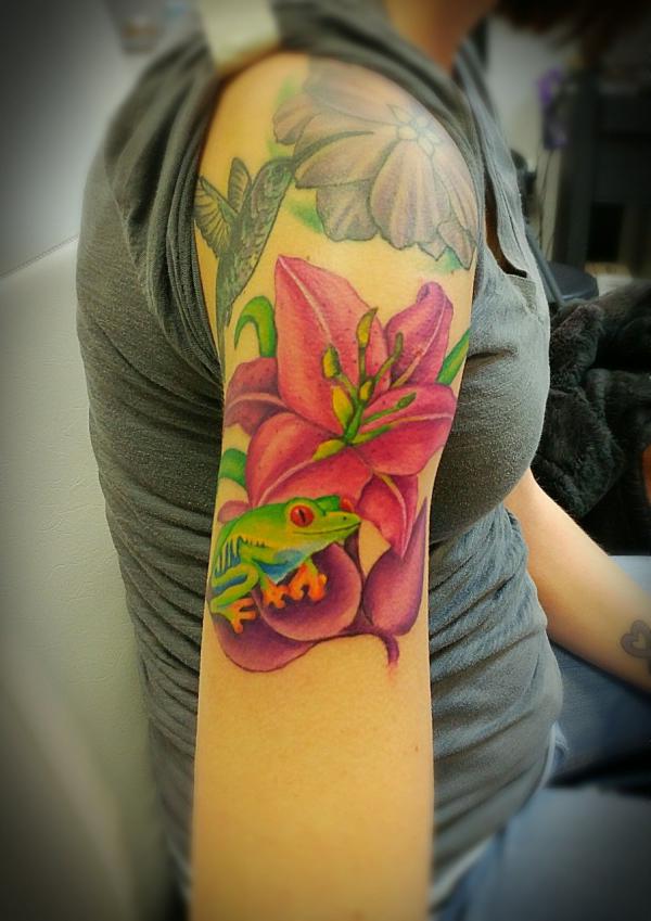 Frog and lily flower tattoo