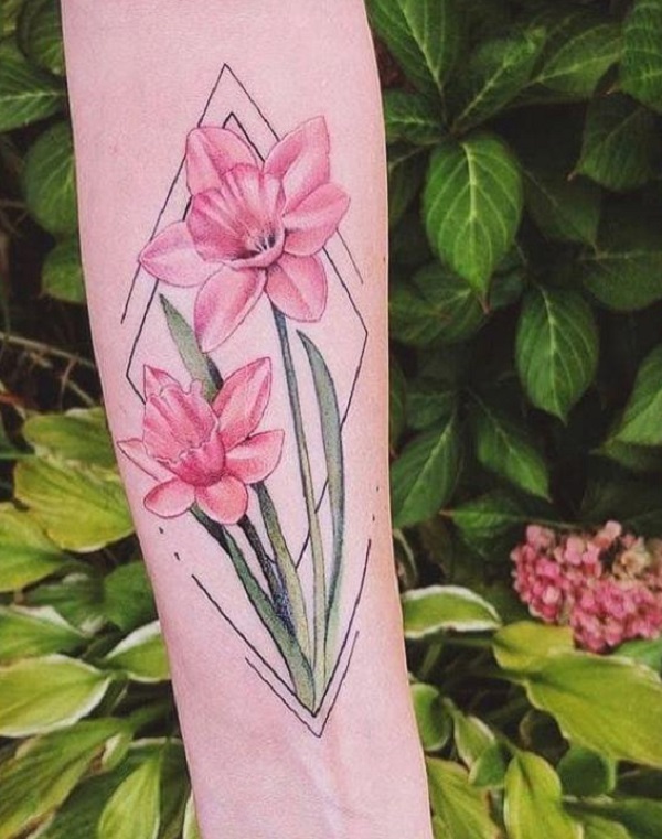 Geometric pink daffodil flowers tattoo