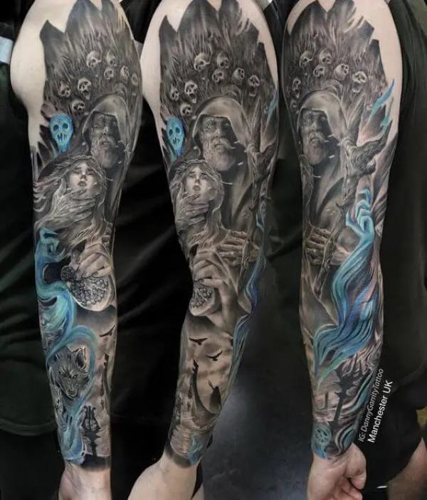 Hades kidnapping Persephone full sleeve tattoo
