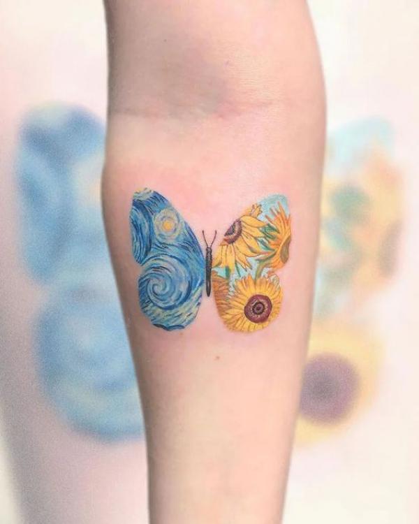 Half Starry night Half sunflowers butterfly tattoo