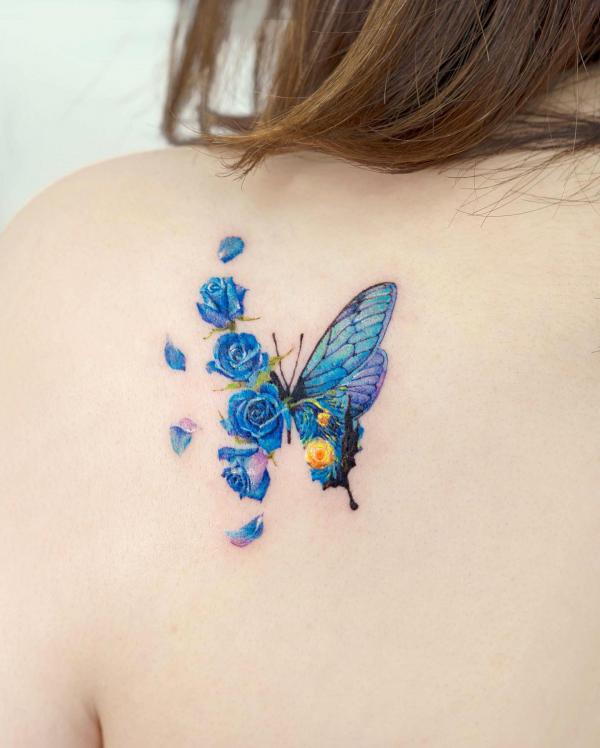 Half roses and half butterfly wing in Starry night blue