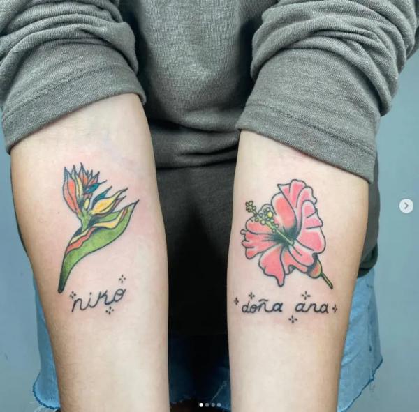 Hibiscus and bird of paradise matching tattoo