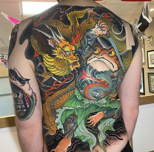 Japanese style dragon and frog tattoo