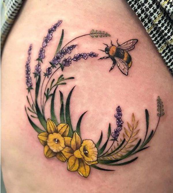 Lavender and daffodil with bee
