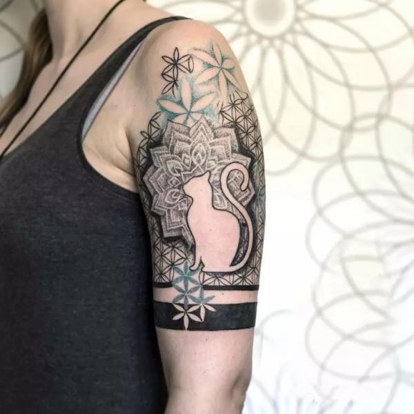 Mandala seed of life with a cat outline