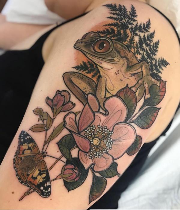 Neo traditional frog and butterfly tattoo
