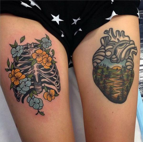 Neo traditional human heart and skeleton thigh matching tattoos
