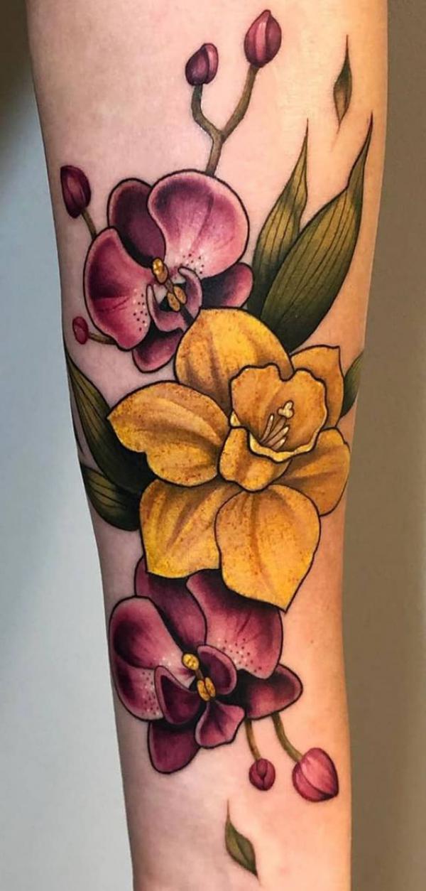 Neo traditional orchid and daffodil tattoo
