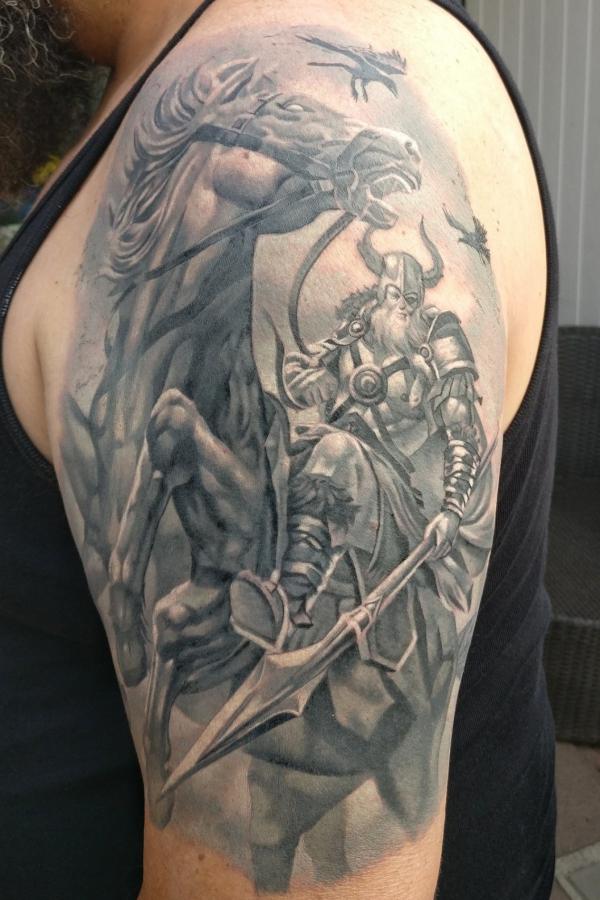 Odin rides a horse with his spear