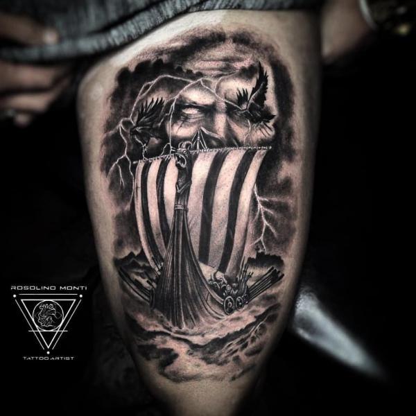 Odin viking ship thigh tattoo
