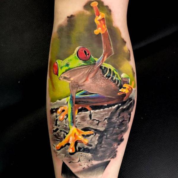 Realistic frog calf tattoo