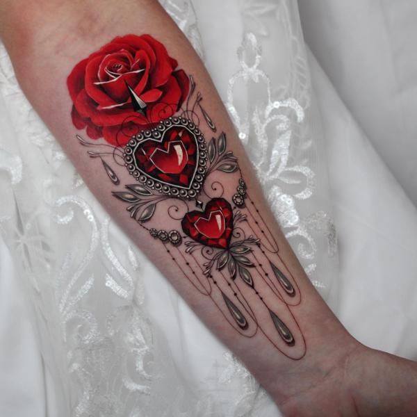 Red rose and heart diamond tattoo